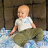 Richie joined the competition — help win amazing prizes! baby, child, infant, smiling, sitting, portrait, recliner, chair, blanket, striped_shirt, overalls, blue_socks, clothing, indoor, cozy, furniture, happy, face, baby_portrait, home