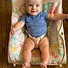 Richie joined the competition — help win amazing prizes! baby, child, infant, smiling, portrait, sitting, bouncer, baby_seat, blue_shirt, bare_feet, arms_outstretched, indoor, wooden_floor, colorful_pattern, floral_design, playful, happy, face, furniture, photography