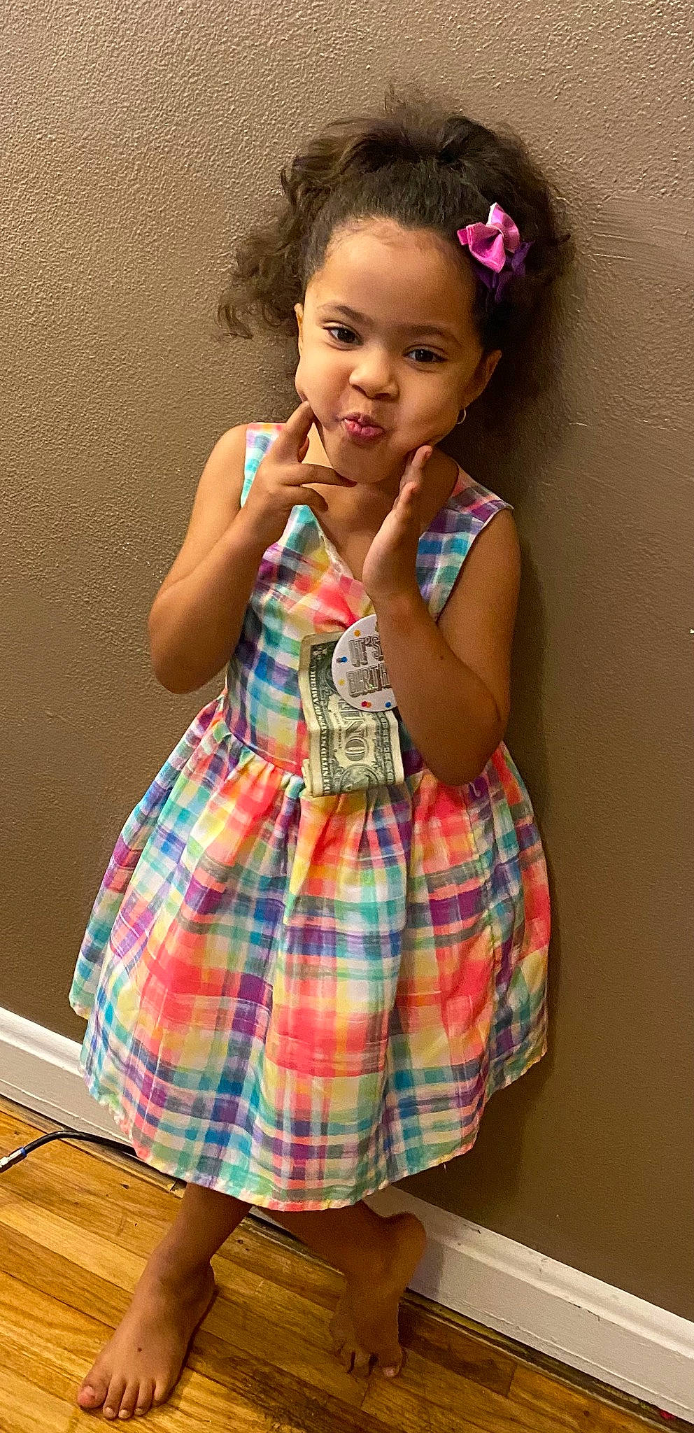 Harlyn joined the competition — help win amazing prizes! baby_toddler_clothing, child, day_dress, dress, event, face, facial_expression, fashion_design, flash_photography, happy, head, one_piece_garment, pattern, person, plaid, sleeve, tartan, toddler, trunk, waist