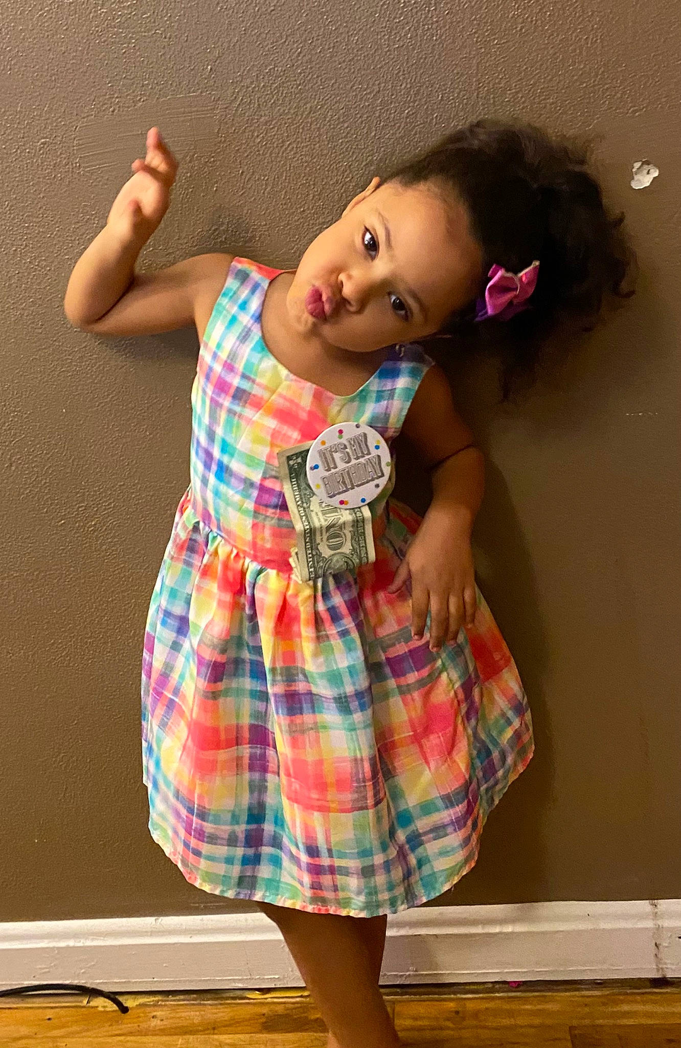 Harlyn joined the competition — help win amazing prizes! clothing, day_dress, doll, dress, fashion, fawn, hand, happy, joint, one_piece_garment, person, pink, plaid, shoulder, skin, standing, tartan, textile, toy, trunk