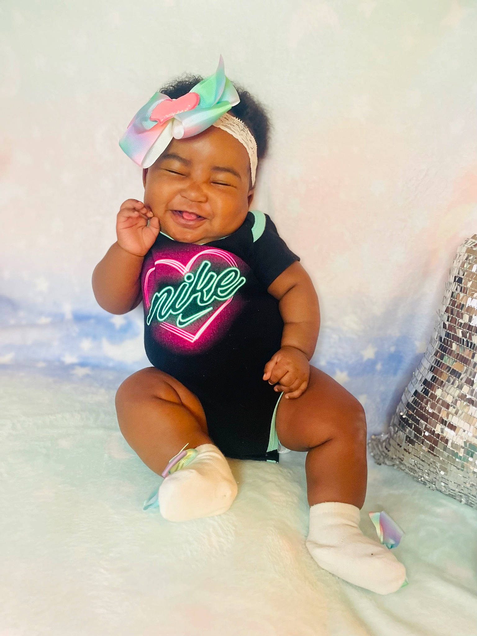 Tacara Mccray is registered to the contest to win money with this photo: baby, baby_toddler_clothing, cap, cloud, electric_blue, fun, happy, hat, headgear, headwear, human_leg, knee, leisure, person, personal_protective_equipment, sky, sleeve, smile, sportswear, t_shirt