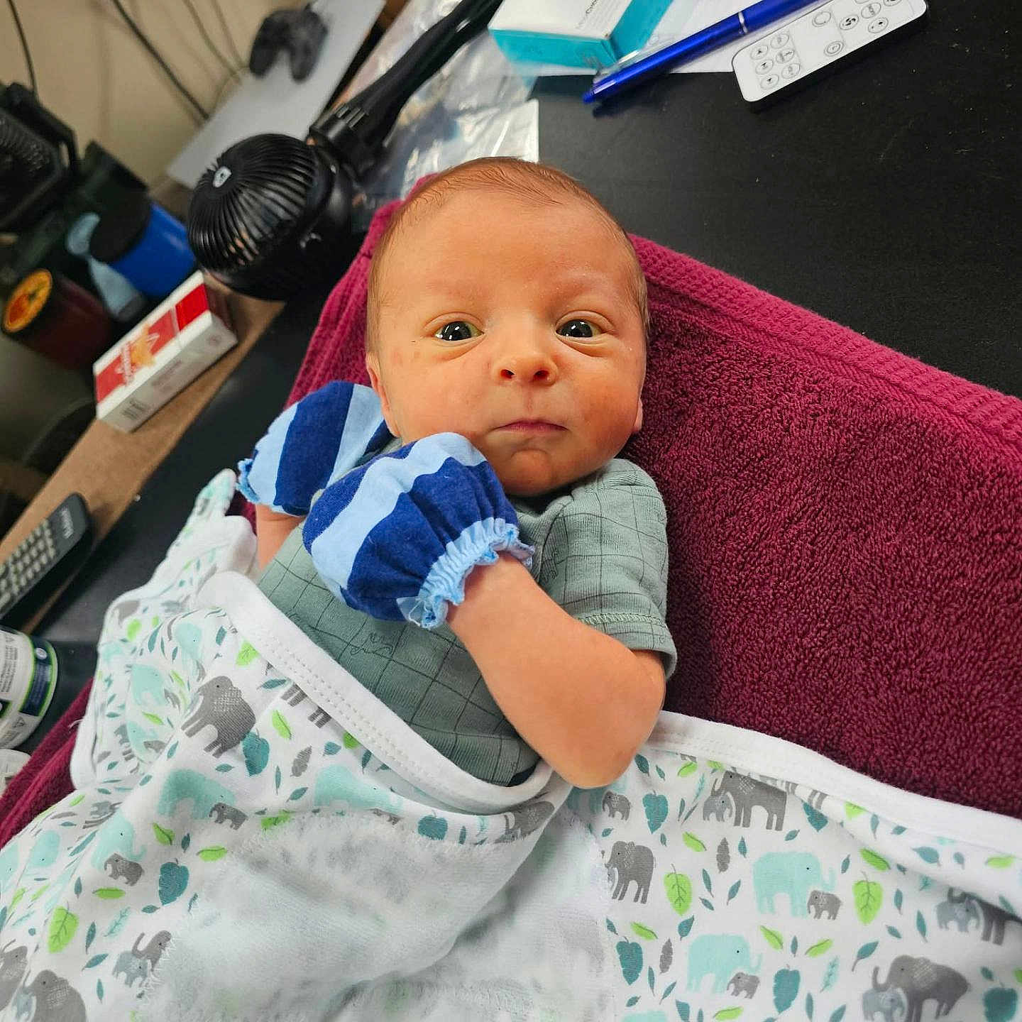 Jonathan is registered to the contest to win money with this photo: baby, newborn, blanket, mittens, towel, face, person, infant, clothing, bedroom, table, remote_control, pen, box, fan, blanket_pattern, elephant, blue, green, indoor