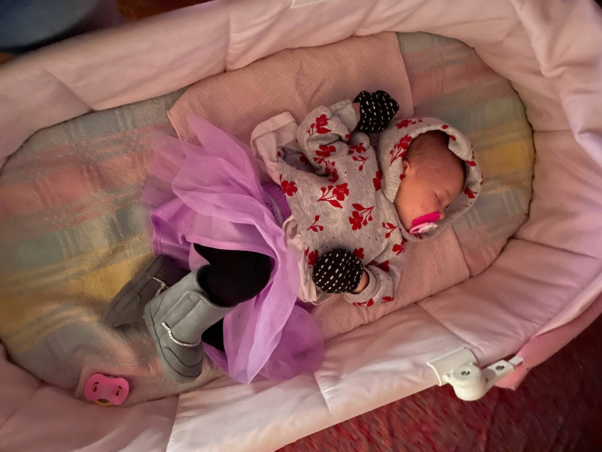 Eleanor joined the competition — help win amazing prizes! baby, baby_products, baby_sleeping, baby_toddler_clothing, bed, child, comfort, fashion_accessory, hair_accessory, headband, headgear, linens, magenta, pattern, person, petal, pink, room, sleeve, textile
