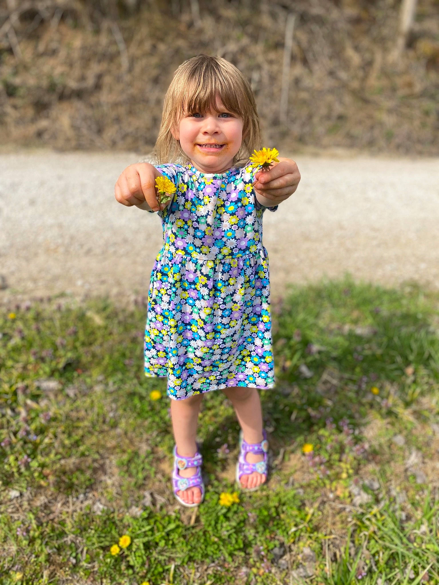 Bailee joined the competition — help win amazing prizes! baby_toddler_clothing, botany, dress, flower, gesture, grass, grassland, groundcover, hair, hand, happy, joy, leaf, meadow, natural_environment, nature, people_in_nature, person, plant, smile