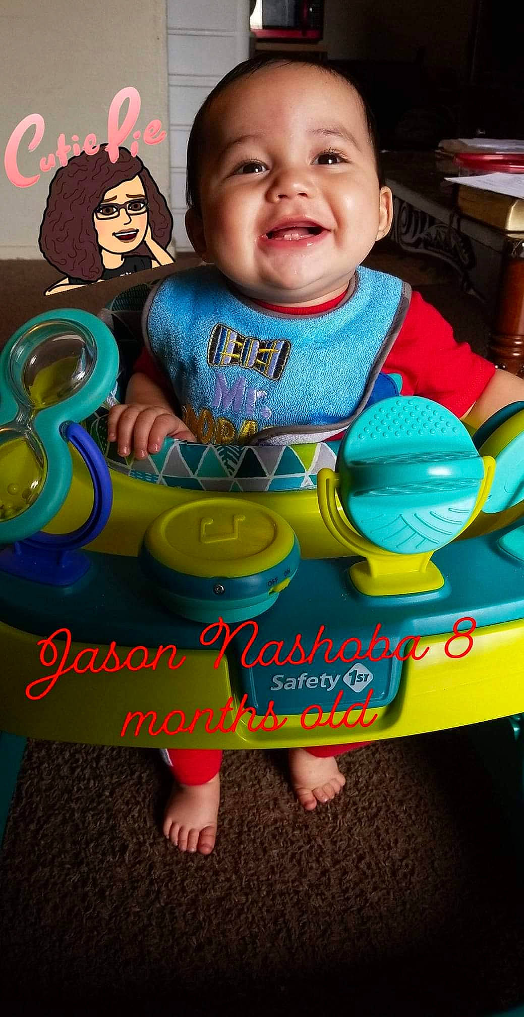 Jason is registered to the contest to win money with this photo: baby, baby_playing_with_toys, baby_products, baby_toddler_clothing, child, facial_expression, font, fun, green, happy, joy, leisure, person, photo_caption, play, product, recreation, sitting, smile, sweetness