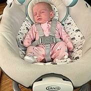 Matilda joined the competition — help win amazing prizes! baby, sleeping, pajamas, pink, baby_swing, graco, toy, soft_toys, infant, face, head, clothing, indoor, floor, wooden_floor, comfort, child, resting, person, cute
