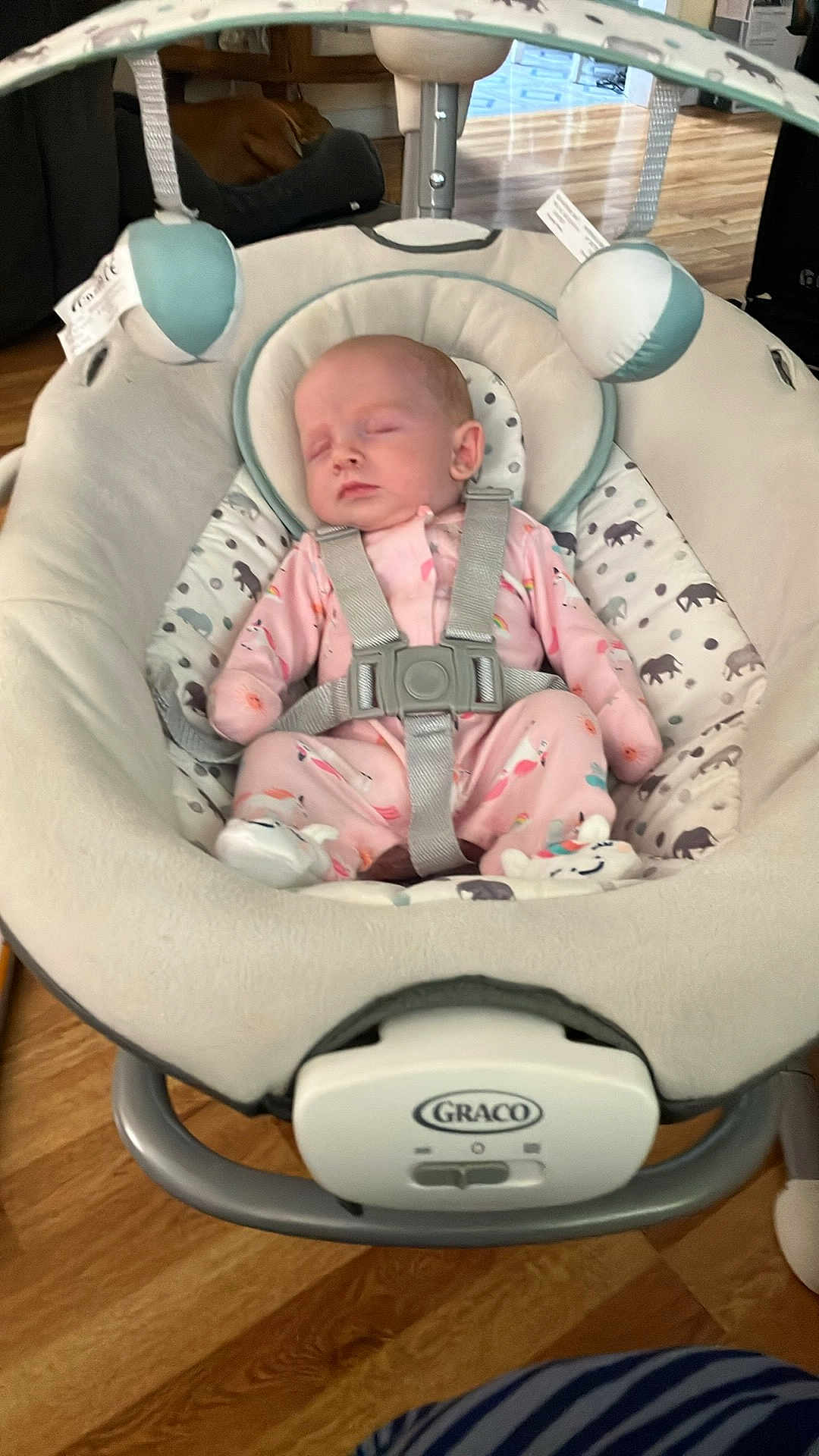 Matilda joined the competition — help win amazing prizes! baby, sleeping, pajamas, pink, baby_swing, graco, toy, soft_toys, infant, face, head, clothing, indoor, floor, wooden_floor, comfort, child, resting, person, cute