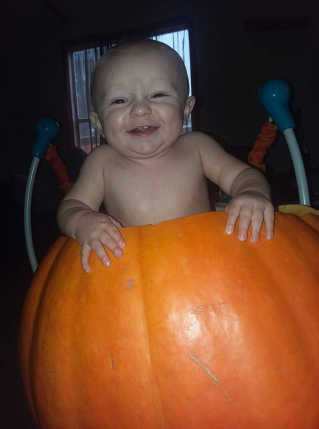 Keith is registered to the contest to win money with this photo: abdomen, calabaza, child, cucurbita, joy, neck, person, pumpkin, trunk, winter_squash