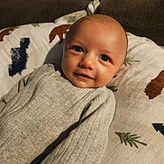 Carter joined the competition — help win amazing prizes! baby, infant, child, portrait, face, eyes, wide_eyed, lying_down, gray_outfit, blanket, patterned_blanket, couch, diapers, indoor, home, cozy, closeup, smiling, calm, photography