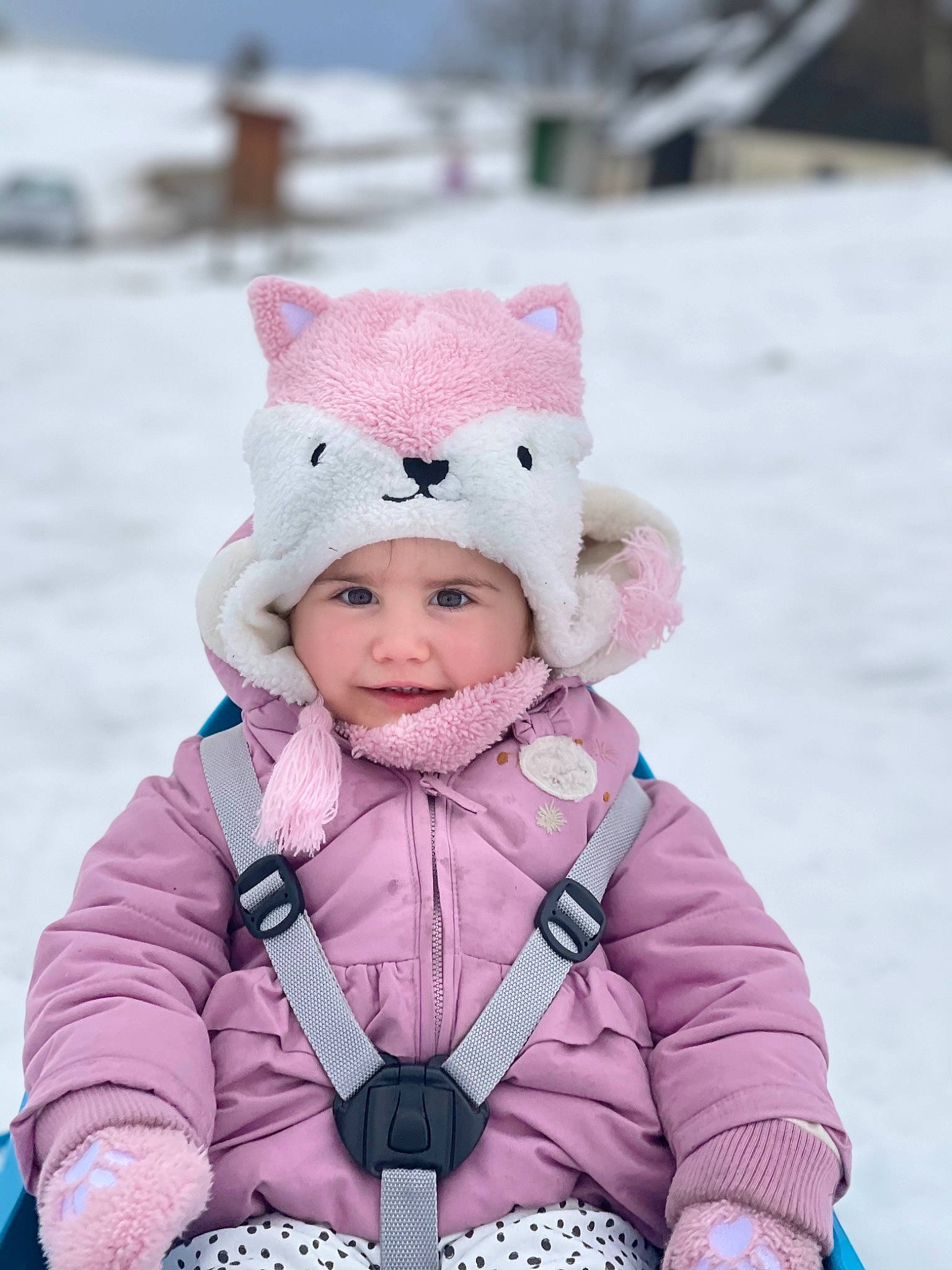 Maëlie a rejoint le concours — aidez-le/la à gagner de superbes lots ! baby_products, baby_toddler_clothing, beanie, bonnet, cheek, child, child_model, freezing, headwear, hood, hoodie, jacket, knit_cap, parka, person, pink, playing_in_the_snow, purple, snow, toddler