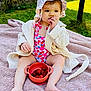toddler, child, baby, blanket, swimsuit, hat, strawberries, food, outdoor, grass, sunlight, summer, nature, sitting, cute, finger_in_mouth, bowl, pink, relaxed, portrait