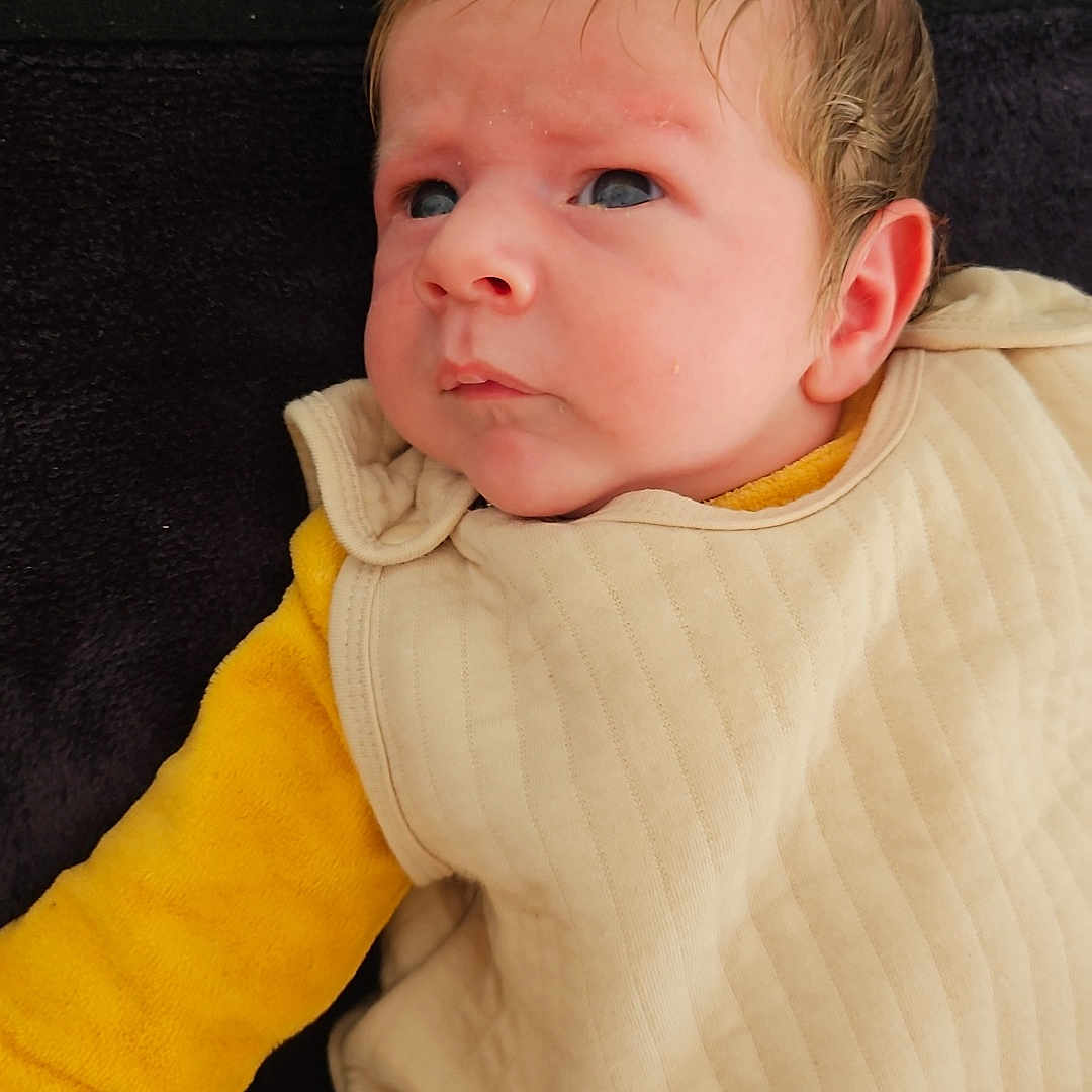 Lamri participe au concours pour gagner de l'argent avec cette photo : baby, blanket, clothing, cozy, cute, expression, eyes, face, hair, head, indoors, infant, lying_down, person, portrait, skin, soft, warm, yellow_sleeve, young_child