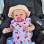 baby, blue_eyes, cherries, child, clothing, comfort, cute, fruit_pattern, hat, infant, outdoor, pacifier, pattern, person, pink, relaxing, seat, strawberries, stroller, sun_hat