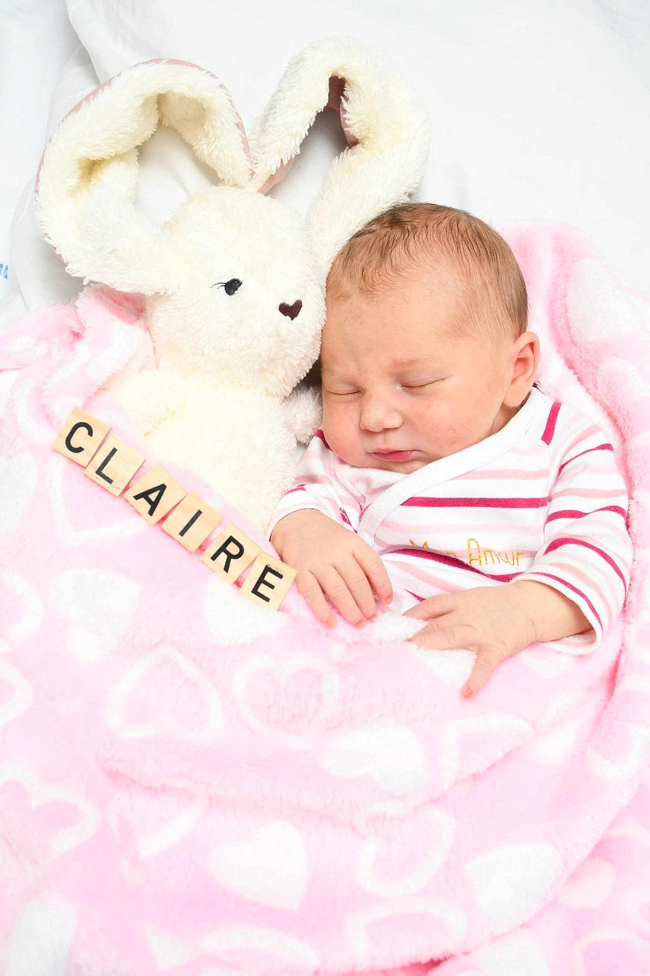 Claire a rejoint le concours — aidez-le/la à gagner de superbes lots ! baby, newborn, sleeping, blanket, pink, heart_pattern, stuffed_animal, bunny, plush_toy, wooden_blocks, name_blocks, infant, cute, soft_texture, child, peaceful, portrait, closeup, cozy, indoor