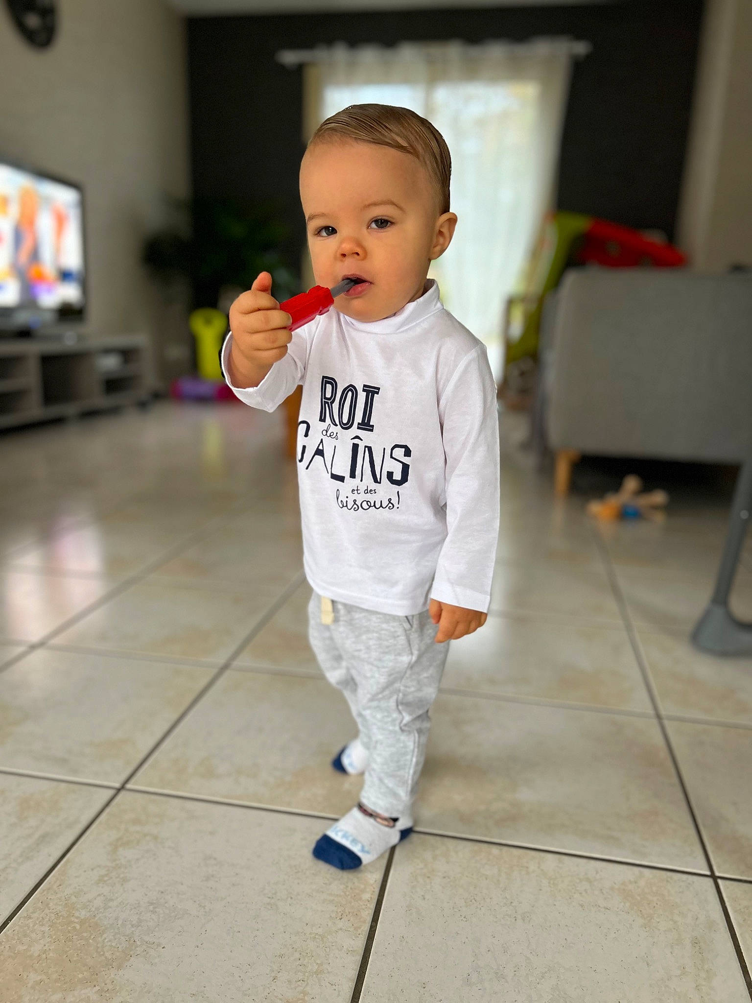 Milo a rejoint le concours — aidez-le/la à gagner de superbes lots ! baby, baby_toddler_clothing, child, costume, display_device, event, fashion_design, flooring, fun, happy, hat, person, room, sleeve, t_shirt, television, television_set, toddler
