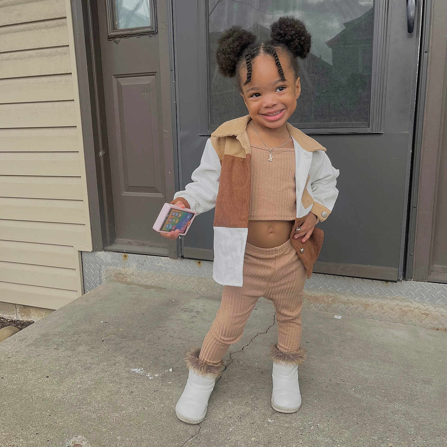 Kayloni is registered to the contest to win money with this photo: accessories, child, clothing, coat, door, face, female, footwear, girl, hair, head, jeans, jewelry, necklace, pants, person, photography, portrait, shoe, standing