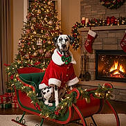 Rocket is registered to the contest to win money with this photo: dalmatian, dog, christmas_tree, sleigh, fireplace, stockings, christmas_decorations, holiday, festive, lights, green_bow_tie, red_coat, indoor, carpet, wreath, presents, window, curtains, wood_floor, ornaments