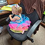 Novalee is registered to the contest to win money with this photo: child, tutu, bow, office_chair, carpet, desk, papers, folders, printer, floor, person, indoor, clothing, hair, sitting, toy, workspace, furniture, back_view, cute