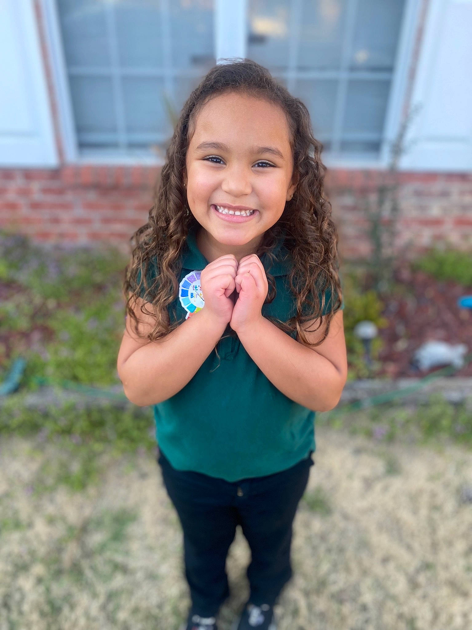 Savanna joined the competition — help win amazing prizes! black_hair, clothing, electric_blue, face, flash_photography, gesture, grass, hand, happy, iris, joy, leisure, lip, long_hair, neck, person, plant, sleeve, smile, street_fashion