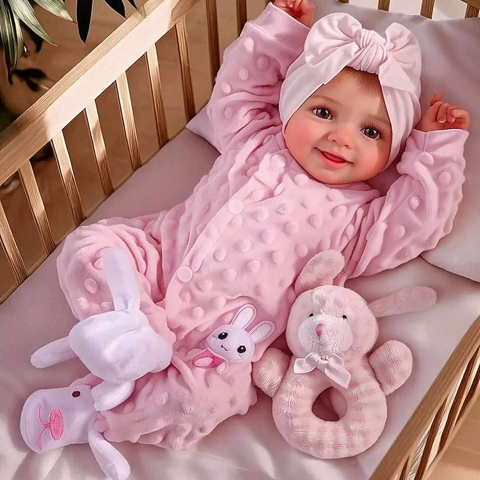 Sofia a rejoint le concours — aidez-le/la à gagner de superbes lots ! baby, baby_bed, bunny, child, cozy, crib, cute, furniture, happy, headband, indoor, infant, pink_onesie, plush_toy, portrait, sleeping_area, sleepwear, smiling, soft_texture, toy