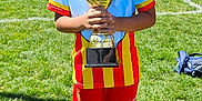 Santino participe au concours pour gagner de l'argent avec cette photo : child, trophy, soccer, sports, outdoor, grass, field, sunny, blue_sky, uniform, red_shorts, blue_socks, cleats, happy, smiling, standing, celebration, youth, competition, team