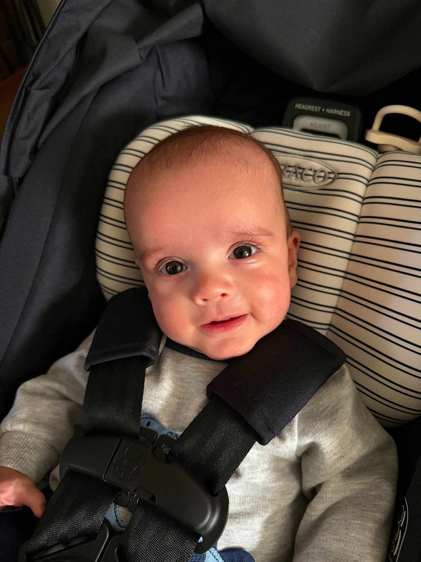James joined the competition — help win amazing prizes! baby, car_seat, child, infant, straps, smile, face, eyes, clothing, seat, headrest, harness, striped, cute, portrait, indoors, comfort, young_child, person, safety