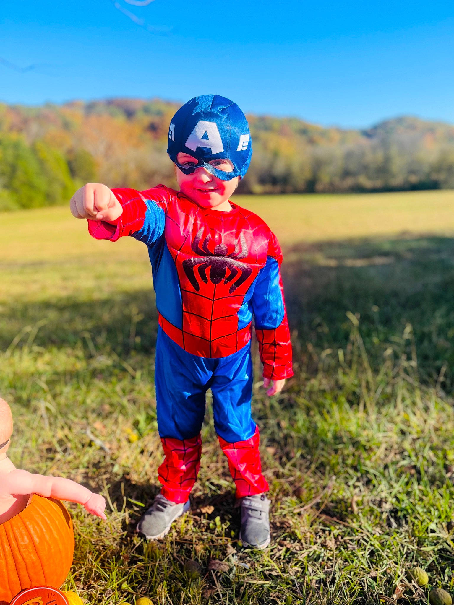 Jackson joined the competition — help win amazing prizes! calabaza, child, cucurbita, electric_blue, field, fun, gourd, grass, grassland, happy, helmet, joy, landscape, people_in_nature, person, personal_protective_equipment, player, pumpkin, recreation, sky