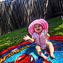 baby, child, pool, water, sunhat, pink, white_onesie, spiderman, superhero, outdoor, grass, fence, sunlight, shadow, happy, splashing, summer, play, smile, fun