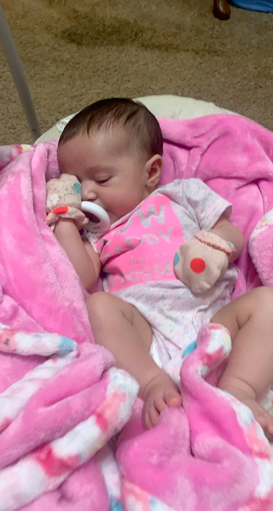 Savannah joined the competition — help win amazing prizes! baby, baby_products, baby_toddler_clothing, cheek, child, comfort, ear, eye, face, finger, head, human_body, iris, linens, lip, mouth, person, pink, sitting, skin