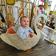 Aloïs a rejoint le concours — aidez-le/la à gagner de superbes lots ! toddler, child, carousel, swan, ride, amusement_park, outdoor, wooden_floor, decorative, playful, daylight, cute, portrait, seat, toy, fun, person, expression, clothing, baby