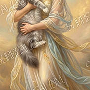Fujyyama participe au concours pour gagner de l'argent avec cette photo : cat, woman, portrait, fantasy, dress, gown, long_hair, blonde_hair, glasses, smiling, fluffy, longhaired_cat, gray_cat, pet, holding, clouds, golden_light, illustration, watermark, ornate