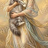 cat, woman, portrait, fantasy, dress, gown, long_hair, blonde_hair, glasses, smiling, fluffy, longhaired_cat, gray_cat, pet, holding, clouds, golden_light, illustration, watermark, ornate