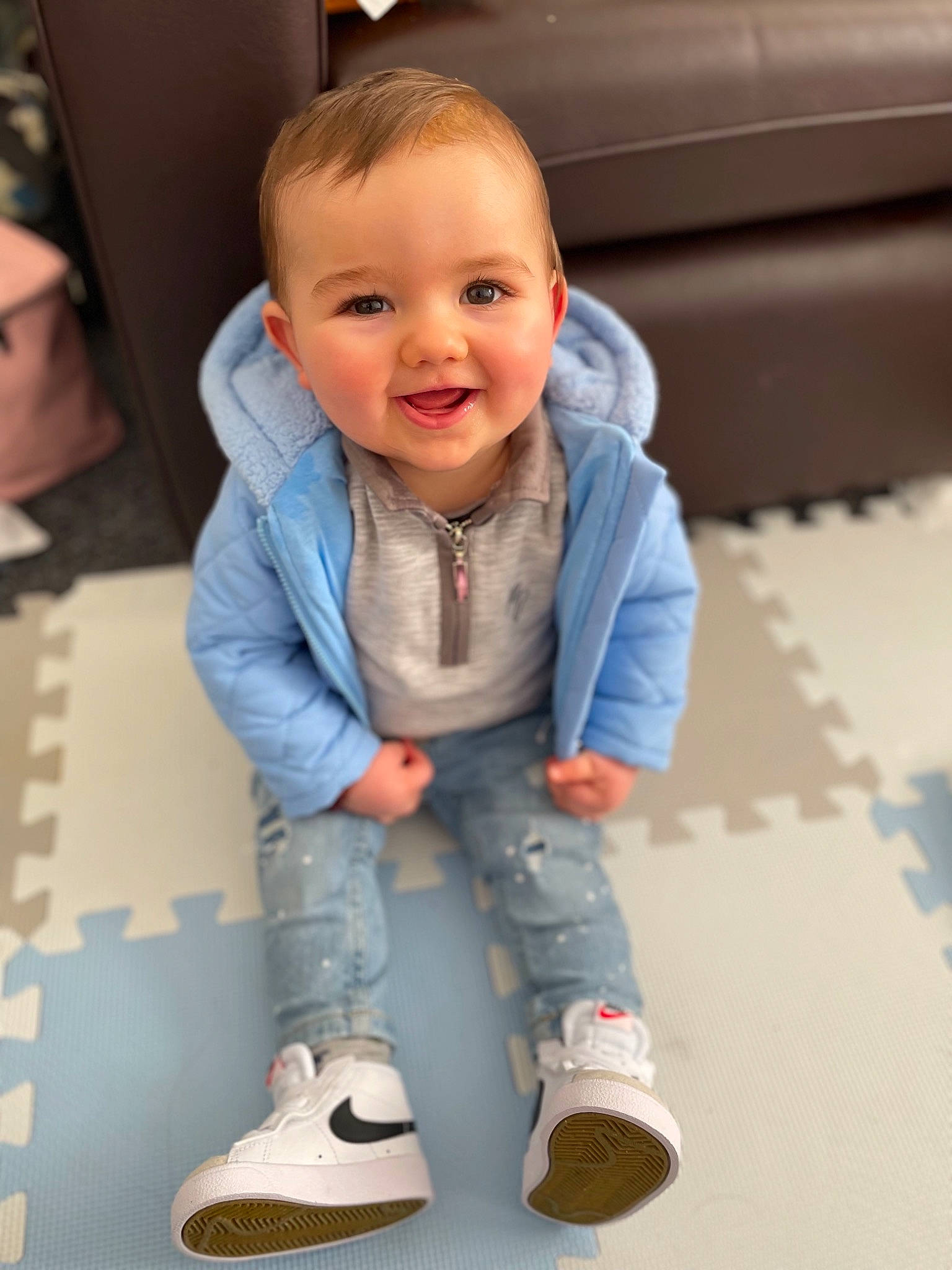 Koby joined the competition — help win amazing prizes! baby, baby_toddler_clothing, cheek, cool, face, floor, flooring, fun, happy, iris, joy, nose, person, photograph, product, skin, sleeve, smile, standing, toddler