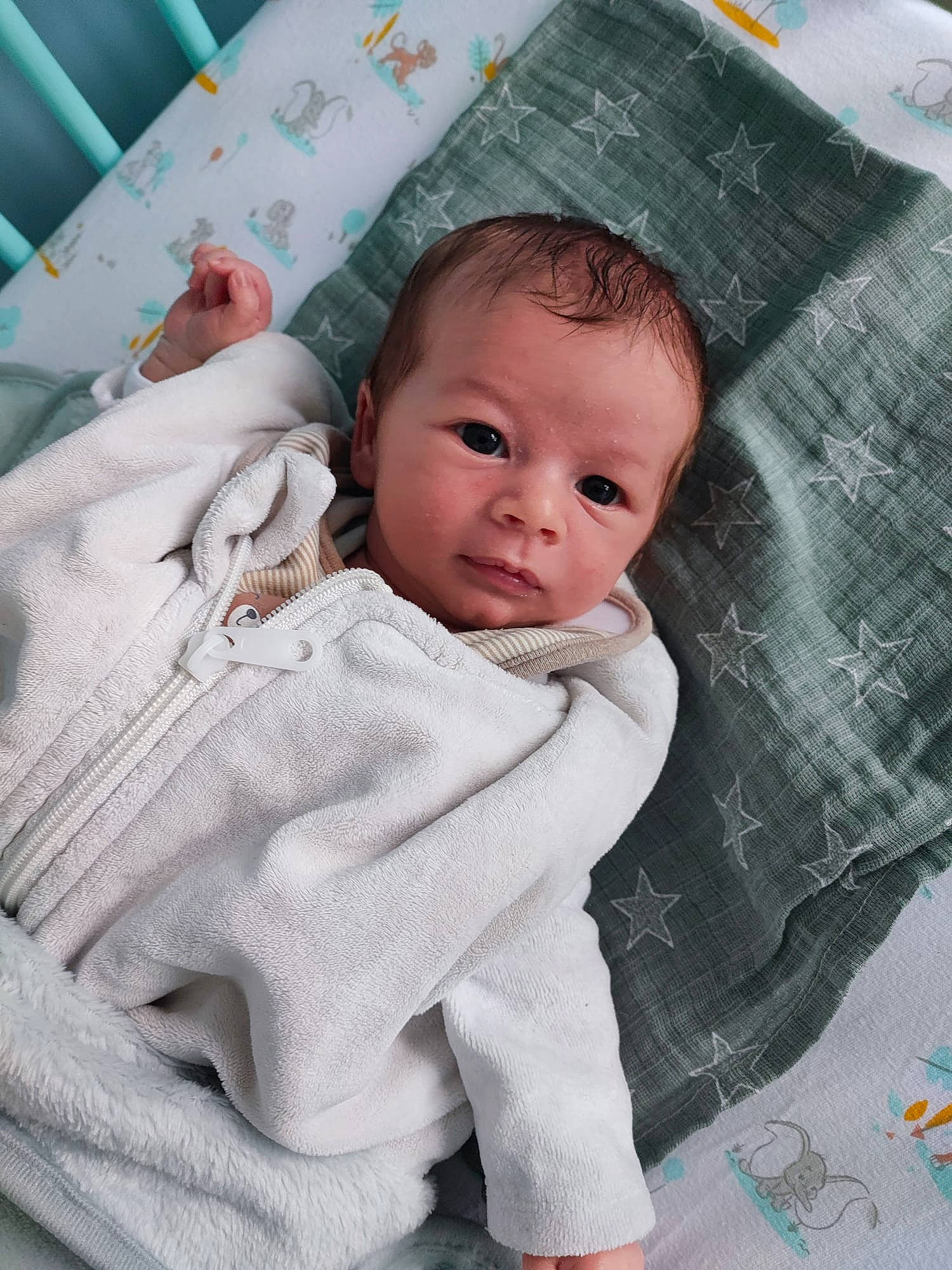 Nolan participe au concours pour gagner de l'argent avec cette photo : baby, baby_products, baby_safety, baby_toddler_clothing, bedding, blanket, cheek, child, comfort, eye, fashion_accessory, fur, linens, pattern, person, room, sitting, skin, sleeve, textile