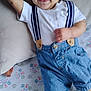 Levi is registered to the contest to win money with this photo: alphabet_blocks, baby, bed, child, clothing, crib_sheet, cute, denim_shorts, dimple, foot, hand, happy, indoors, infant, lying_down, pillow, raising_arm, smiling, suspenders, white_tshirt