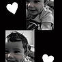 baby, child, smiling, black_and_white, portrait, dimples, heart_shape, cute, happy, infant, closeup, face, person, indoors, hair, tshirt, cheerful, two_photos, collage, monochrome