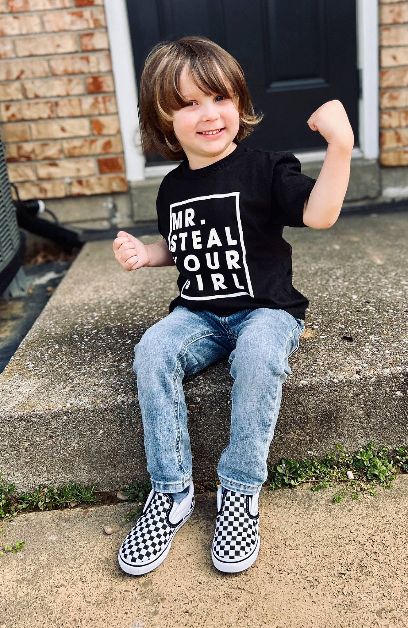 Jalen is registered to the contest to win money with this photo: arm, denim, eye, face, flash_photography, grass, grey, hair, hairstyle, happy, head, human_body, jeans, joy, knee, outerwear, person, sleeve, smile, t_shirt