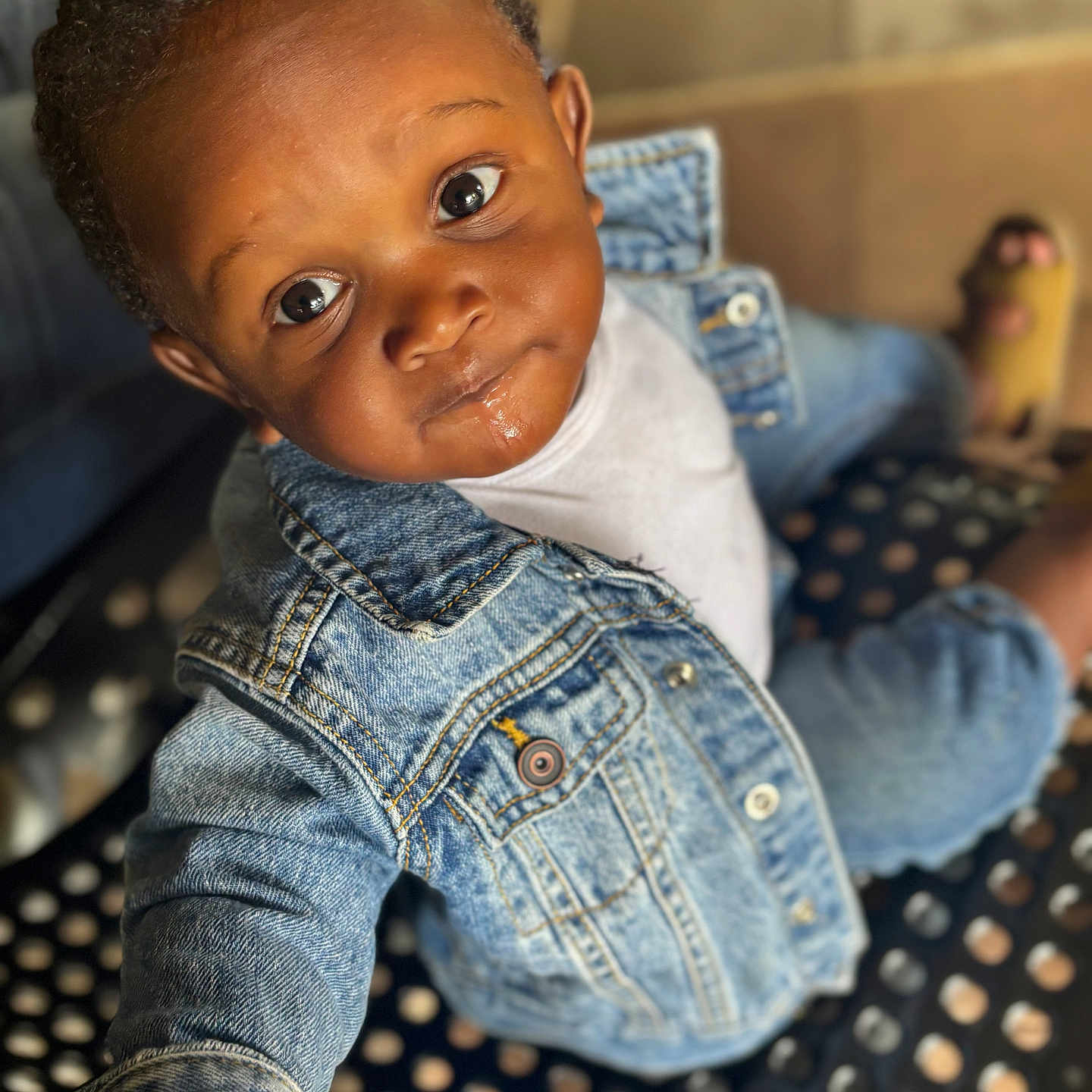 Derreck Jr is registered to the contest to win money with this photo: baby, bench, casual, child, closeup, clothing, curious_eyes, cute, denim, denim_jacket, face, hair, happy, indoor, person, portrait, skin, smile, toddler, young