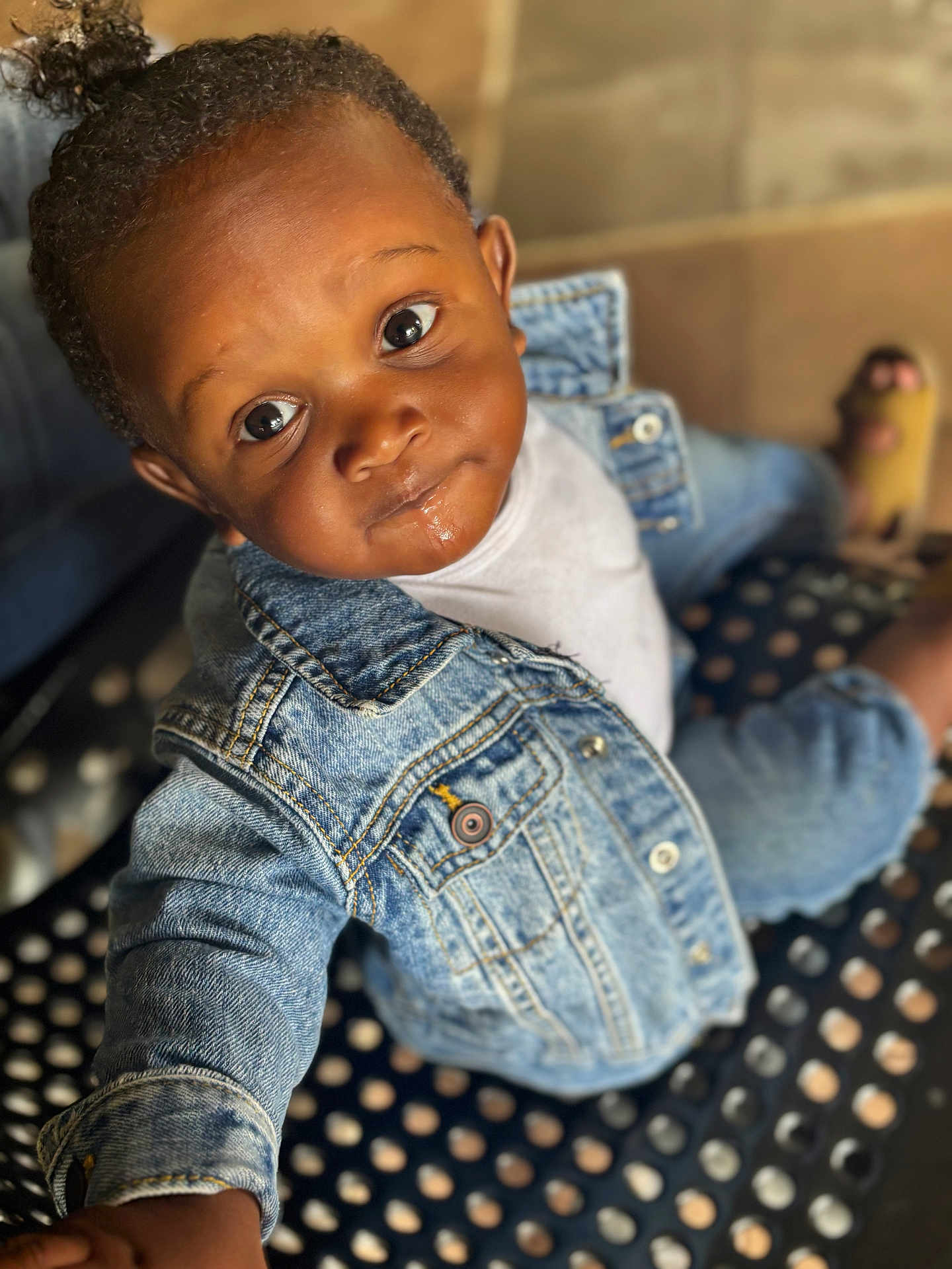 Derreck Jr is registered to the contest to win money with this photo: toddler, child, denim_jacket, curious_eyes, smile, portrait, indoor, bench, clothing, person, cute, face, baby, denim, casual, young, happy, skin, hair, closeup