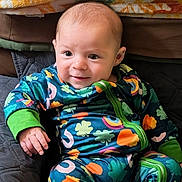 Xander is registered to the contest to win money with this photo: baby, infant, child, onesie, clover_pattern, rainbow_pattern, colorful_clothing, green, orange, smile, eyes, hand, sitting, couch, blanket, quilted, portrait, cute, pajamas, head