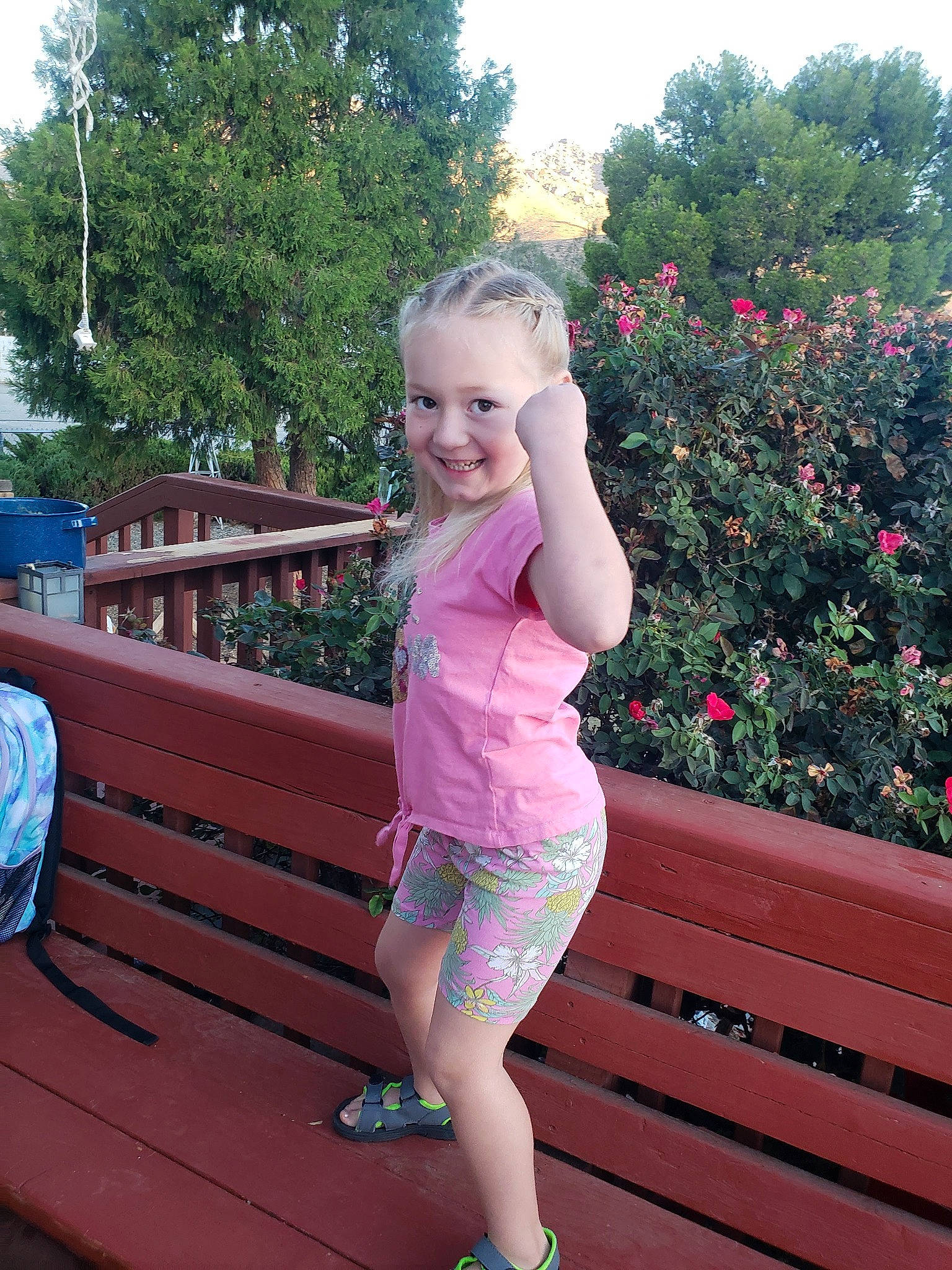 Evelynn joined the competition — help win amazing prizes! blond, child, facial_expression, fun, grass, happy, human_leg, joy, leisure, magenta, person, pink, plant, sky, smile, sportswear, thigh, toddler, tree, trunk