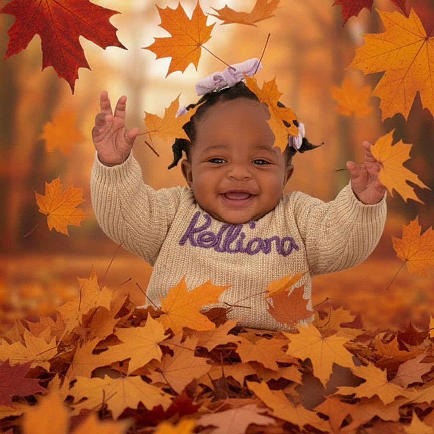 Kelliana is registered to the contest to win money with this photo: autumn, baby, brown, child, cute, fall_leaves, forest, hair_bows, happy, leaves, nature, orange, outdoor, playful, portrait, seasonal, smiling, sweater, toddler, yellow