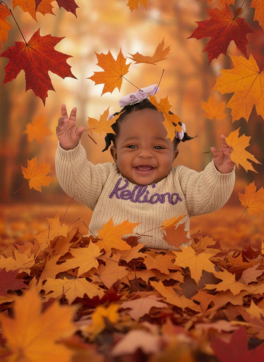 Kelliana is registered to the contest to win money with this photo: baby, child, toddler, autumn, fall_leaves, leaves, smiling, happy, outdoor, nature, seasonal, orange, brown, yellow, sweater, portrait, playful, cute, hair_bows, forest