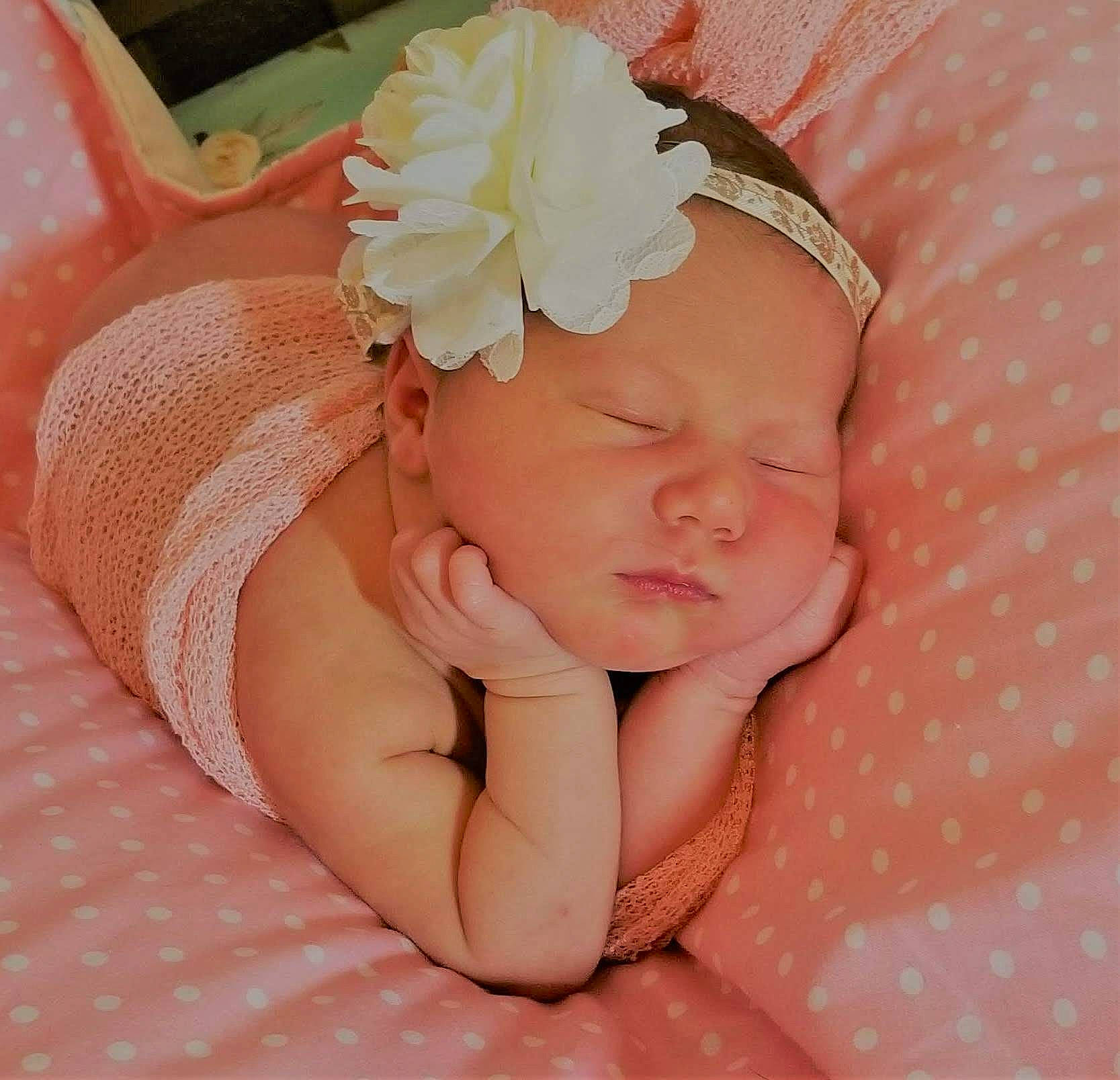 Kyndal is registered to the contest to win money with this photo: baby, baby_sleeping, child, fashion_accessory, hair_accessory, hand, headband, headgear, headpiece, peach, person, petal, photograph, photography, pink, skin, toddler