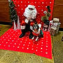 santa_claus, dog, holiday, christmas, festive, red_backdrop, polka_dots, wrapped_presents, snowman, decorations, reindeer_ears, floor, costume, glasses, beard, tree, cone_decorations, person, indoor, crouching