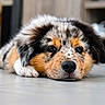 Aïko a rejoint le concours — aidez-le/la à gagner de superbes lots ! puppy, dog, lying_down, indoor, floor, close_up, tricolor, fur, cute, pet, animal, resting, young_dog, adorable, expression, portrait, domestic_animal, calm, head, whiskers