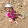 Juliette participe au concours pour gagner de l'argent avec cette photo : toddler, child, beach, sand, water, sunhat, pink_swimsuit, sitting, outdoor, sunlight, barefoot, small_rock, summer, play, nature, young_child, cute, vacation, shallow_water, daytime