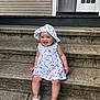 Malia joined the competition — help win amazing prizes! toddler, child, smiling, dress, hat, sandals, steps, concrete, outdoor, door, window, building, happy, person, sitting, summer, cute, fashion, playful, portrait