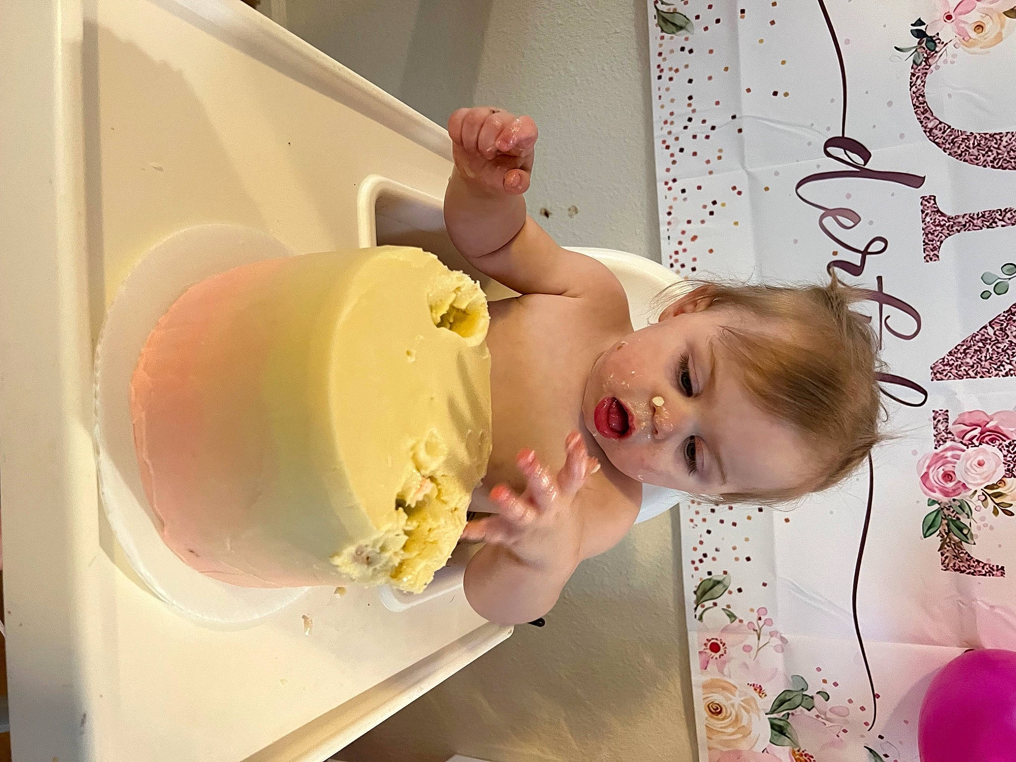 Octavia is registered to the contest to win money with this photo: baby, baby_products, bathing, child, dairy, dessert, food, happy, ingredient, pattern, person, pink, product, room, skin, surprise, sweetness, toddler, toy