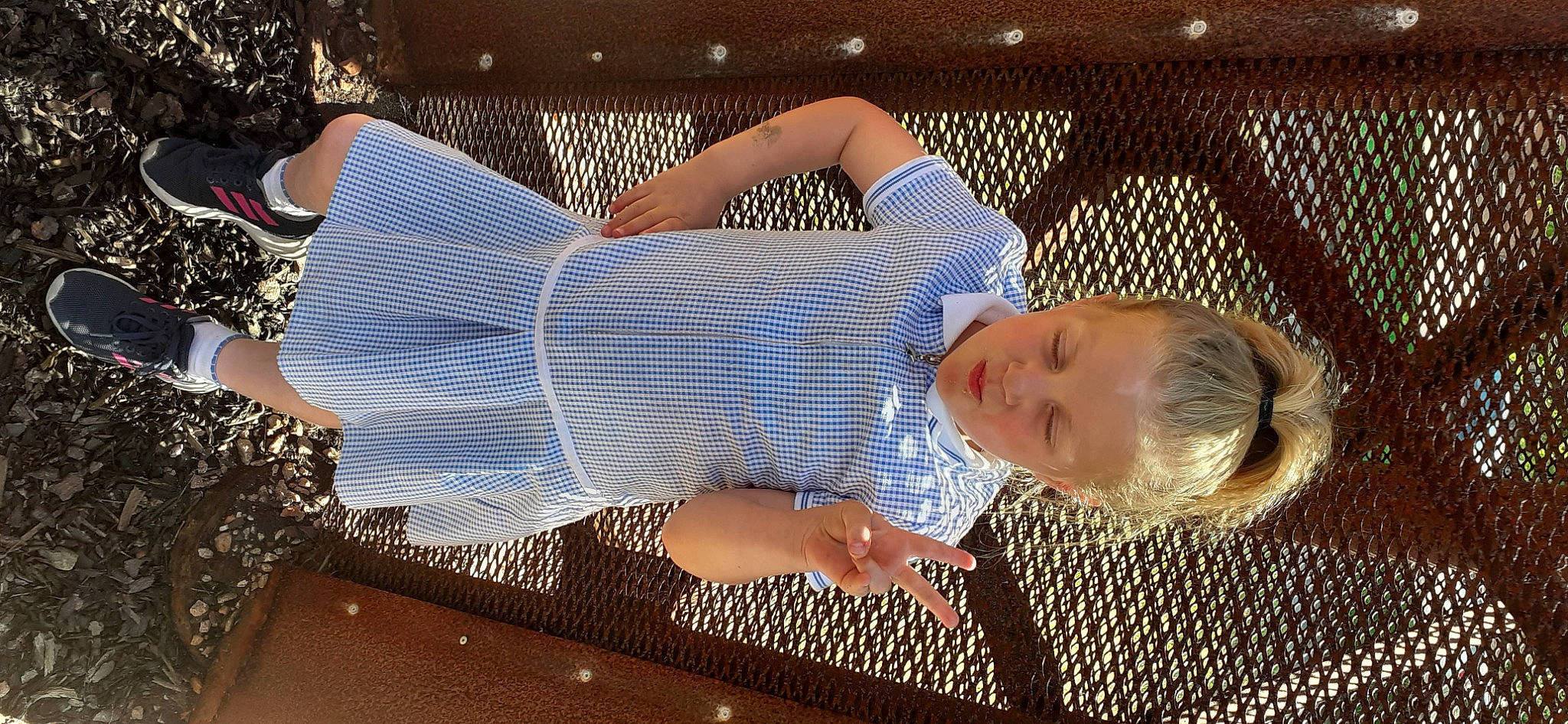 Daisy-mae is registered to the contest to win money with this photo: baby, baby_products, baby_toddler_clothing, child, dress, event, fun, grass, hand, happy, human_leg, leisure, mesh, pattern, person, plant, thigh, toddler, tree, waist